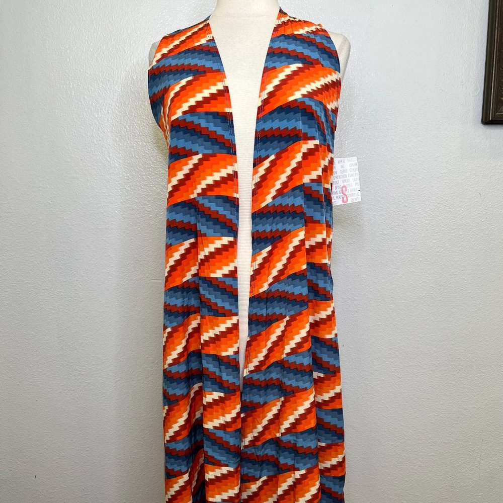 LuLaRoe Joy Sleeveless Long Vest Geometrict Print Orange Blue Multicolo Sz S NWT